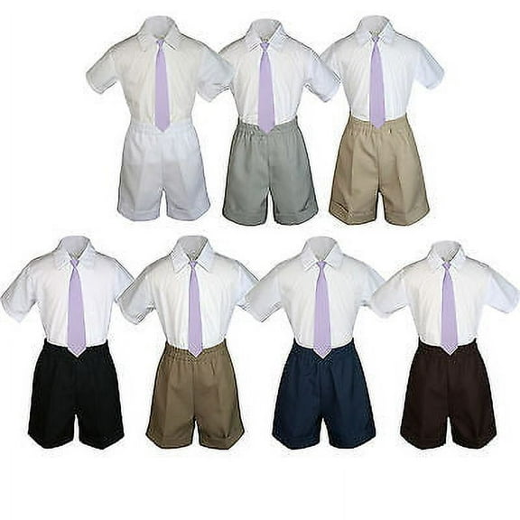 3pc Set BoyToddler Formal Party Lilac Necktie White Navy Black Khaki Shorts S-4T
