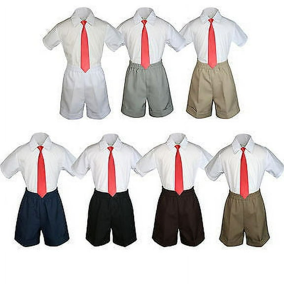 3pc Set BoyToddler Formal Party Red Necktie White Black Navy Khaki Shorts S-4T