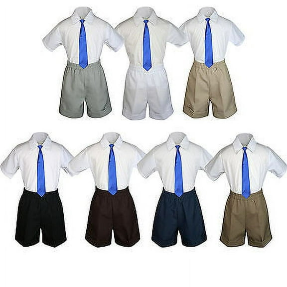 3pc Set BoyToddler Formal Party Royal Blue Necktie White Black Khaki Shorts S-4T