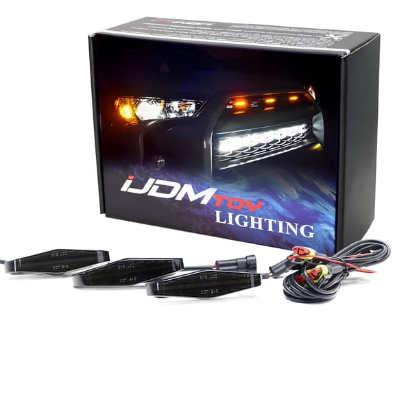 3pc Set Dark Smoked Lens Full LED Strip Front Grille Lighting Kit For 2014-up Toyota 4Runner, Includes (3) 24-SMD 2500K Amber LED Assy & Wiring Harness