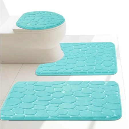 Gorgeous Home Linen 3-Piece Memory Foam Bathroom Rug Set, Non-Slip Embossed Cobblestone Pebble, Aqua Blue