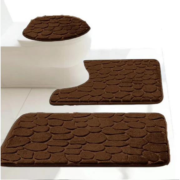 Gorgeous Home Linen 3-Piece Memory Foam Bathroom Rug Set, Non-Slip Embossed Cobblestone Pebble, Brown