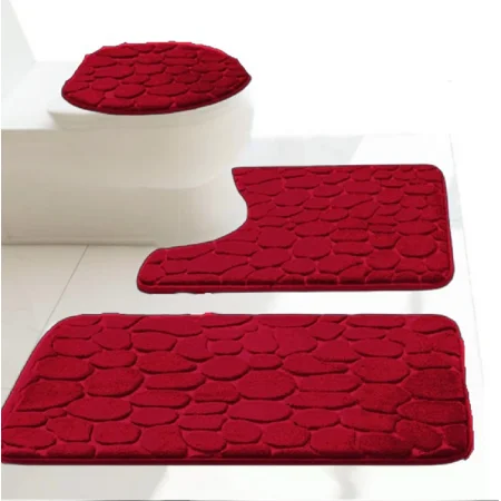 Gorgeous Home Linen 3-Piece Memory Foam Bathroom Rug Set, Non-Slip Embossed Cobblestone Pebble, Burgundy