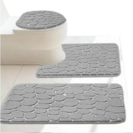 3pc Set Memory Foam Bathroom Rugs Mat Lid Cover Super soft Dry Inmediately Non Slip Embossed Cobblestone Pebble Charcoal Color