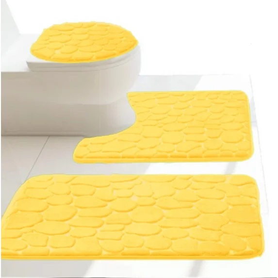 Gorgeous Home Linen 3-Piece Memory Foam Bathroom Rug Set, Non-Slip Embossed Cobblestone Pebble, Gold
