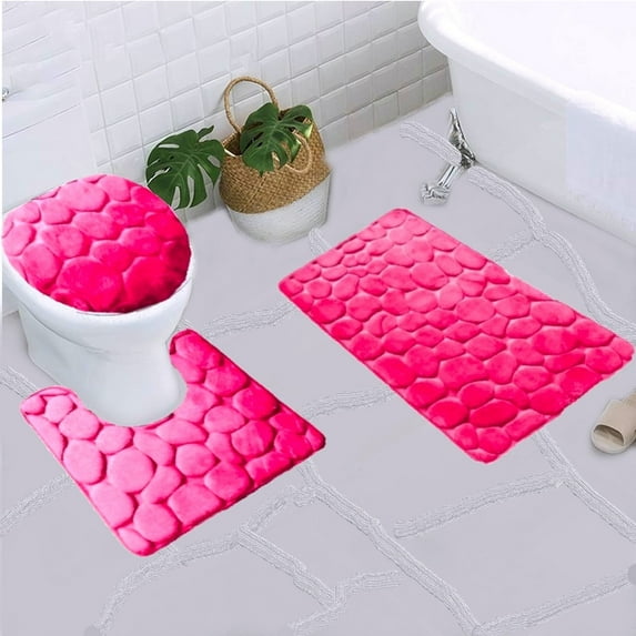 3pc Set Memory Foam Bathroom Rugs Mat Lid Cover Super soft Dry Inmediately Non Slip Embossed Cobblestone Pebble Hot Pink Color