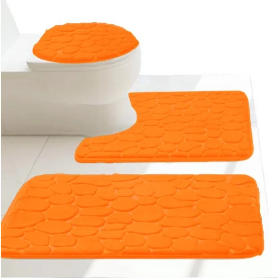 Gorgeous Home Linen 3-Piece Memory Foam Bathroom Rug Set, Non-Slip Embossed Cobblestone Pebble, Orange
