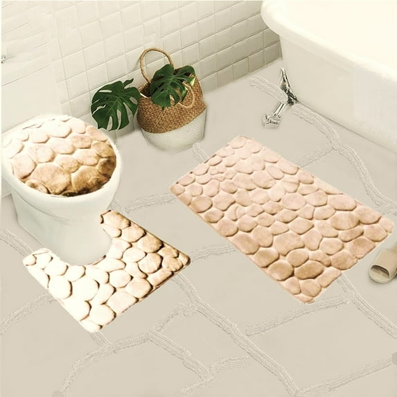3pc Set Memory Foam Bathroom Rugs Mat Lid Cover Super soft Dry Inmediately Non Slip Embossed Cobblestone Pebble Taupe Color