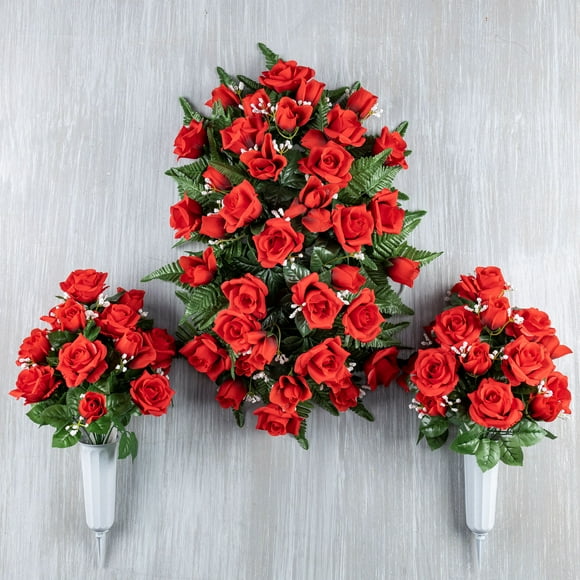 3pc Set Mixed Red Roses and Rose Buds Memorial Collection, Headstone Spray Saddle and 2pc Vases