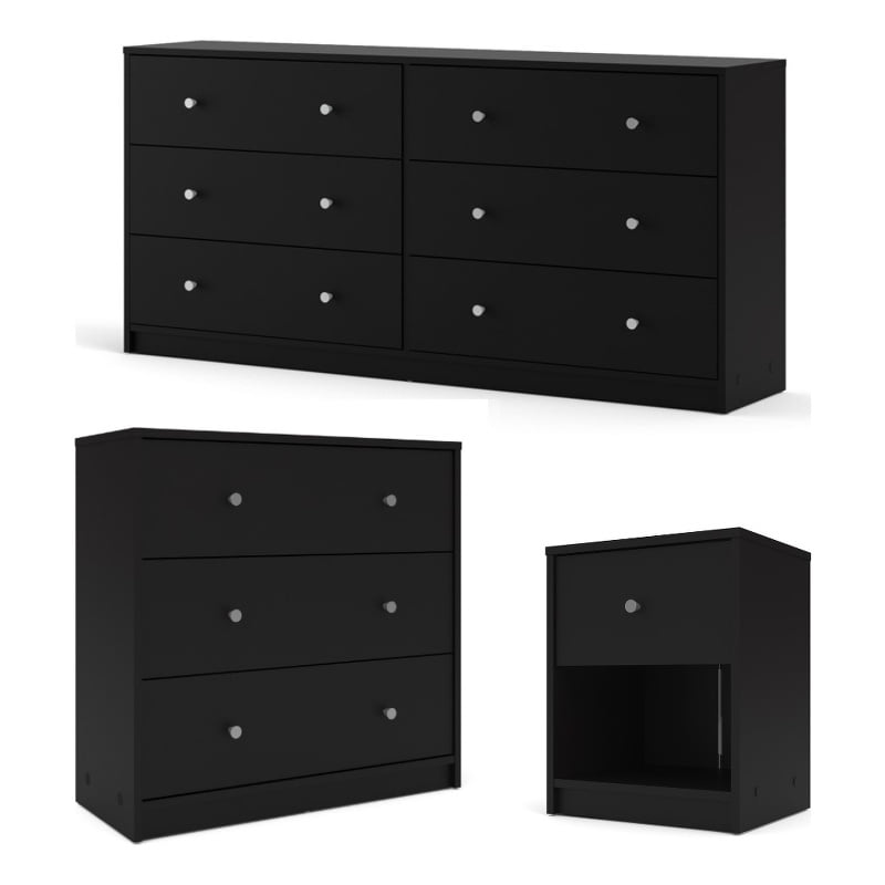 3pc Bedroom Set Black Engineered Wood 3Drawer Chest, 6Drawer Dresser