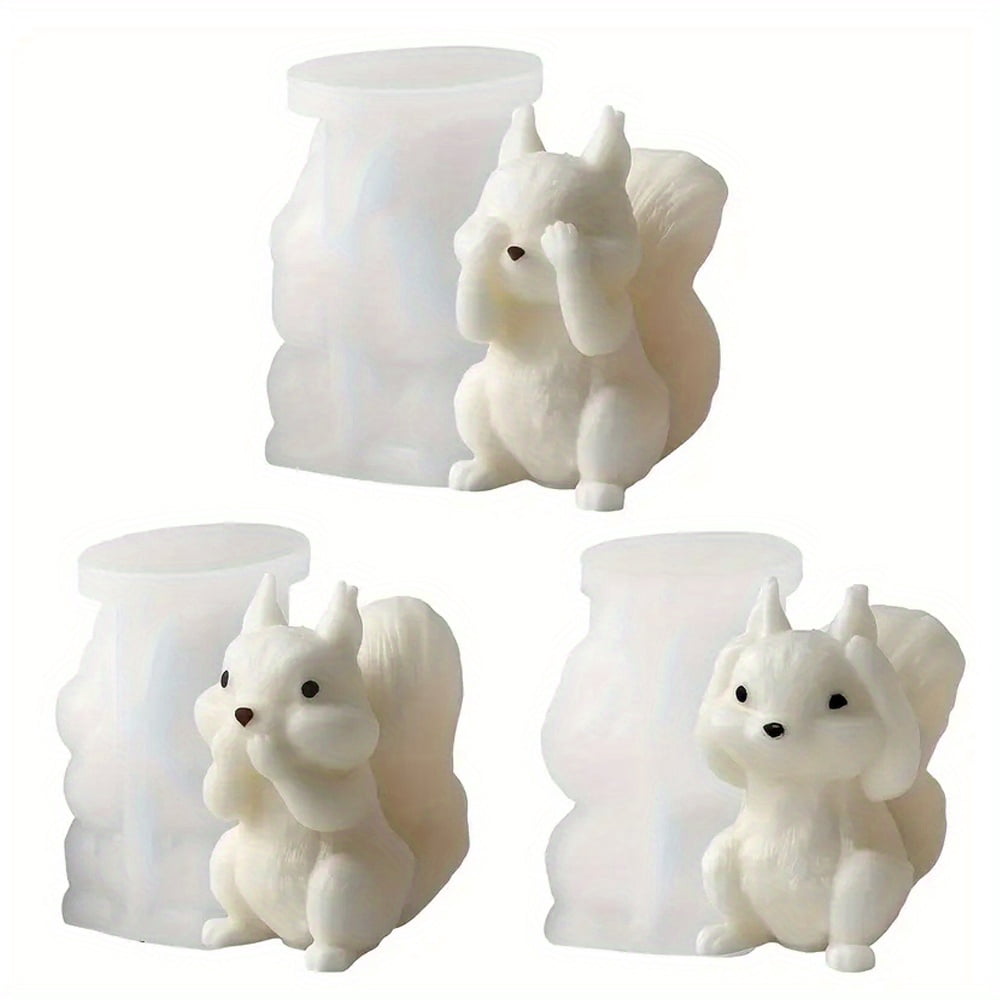 3pc Squirrel Candle Mold Set – High-quality Reusable Silicone Mold with Eye, Mouth, and Ear Cover Design. Perfect for DIY Scented Candles, Soap, Resin, Plaster, and Clay Crafts. Animal-themed Tableto