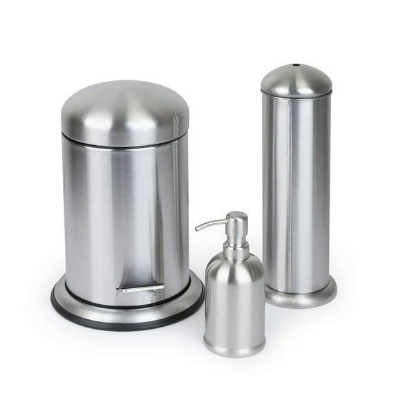 3 Pc Stainless Steel Bathroom Set with 3L Step Can, Toilet Brush Holder, and Soap Dispenser - Silver