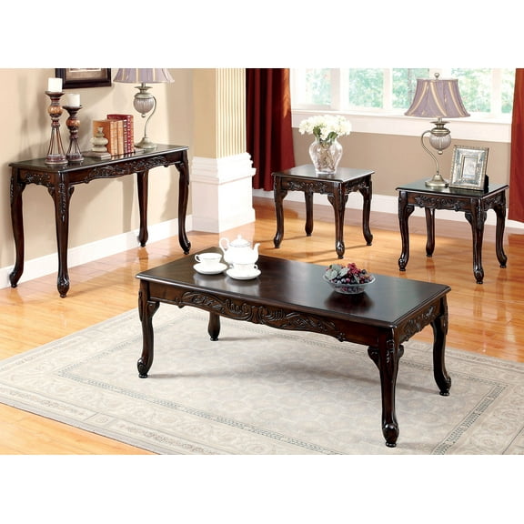 3pc Traditional Dark Cherry Coffee Table & End Table Set | Solid Wood, Wood Veneer | Intricate Design, Cabriole Legs, Parquet Tops | Living Room Furniture from Vietnam