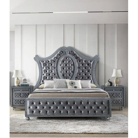 3pc Traditional Upholstered Queen Size Panel Bed Set Arched Headboard Bedroom Furniture