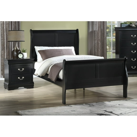 3pc Transitional Louis Philip Twin Panel Bed and Two Nightstand Set Sturdy Wooden Bedroom Furniture Black Finish