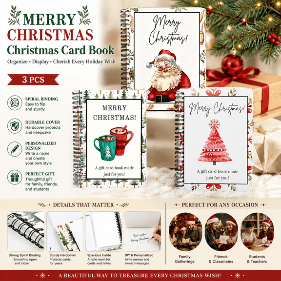 3PCS Christmas Gift Card Book, Spiral-Bound Merry Christmas Gift Card Booklet, DIY Holiday Greeting Gift Card Holder Book for College Students, Family & Friends