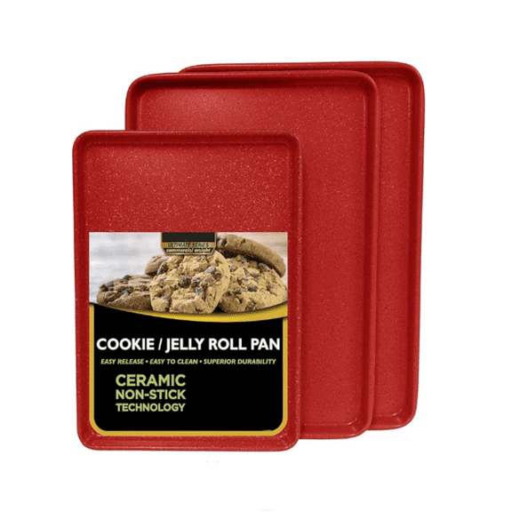 3pc Ultimate Commercial Weight Cookie Sheet Set, Two 15 x 10-Inch Pans, One 13 x 9-Inch-Inch Pan (Red Granite)