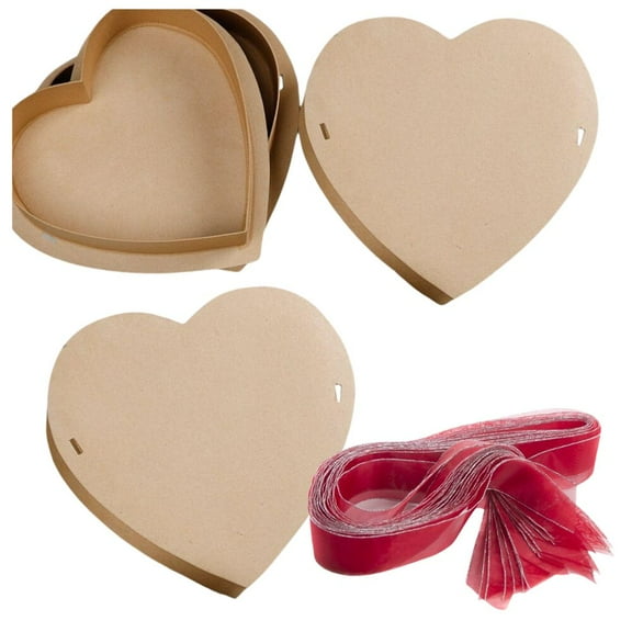 3pc Unfinished Kraft Heart Paper Mache Box/Ribbon Kits - for Valentine's Day - Factory Direct Craft