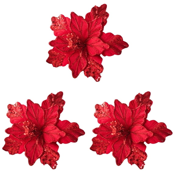 3pc Velvet Sequin Glitter Poinsettia Christmas Flower Picks Artificial Tree Floral Ornaments for Wreath Garland Decor 9.45 Inch