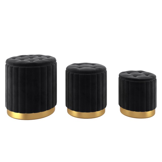 3pc Velvet Storage Ottoman Set Black