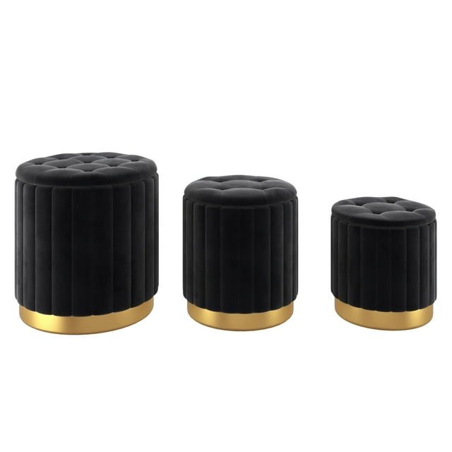 3pc Velvet Storage Ottoman Set Black