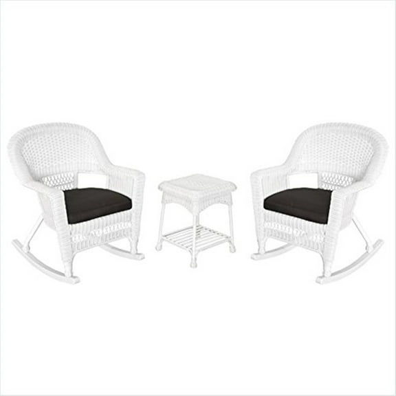 3pc White Rocker Wicker Chair Set With Black Cushion