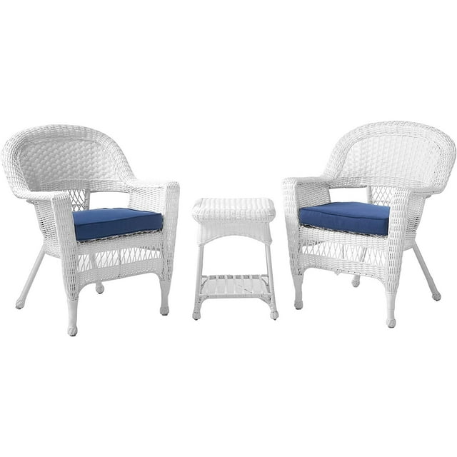 3pc White Wicker Chair and End Table Set with Blue Chair Cushion