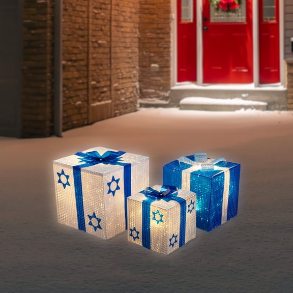 Northlight 3pc Shimmering Lighted Hanukkah Gift Box 12" - White/Blue