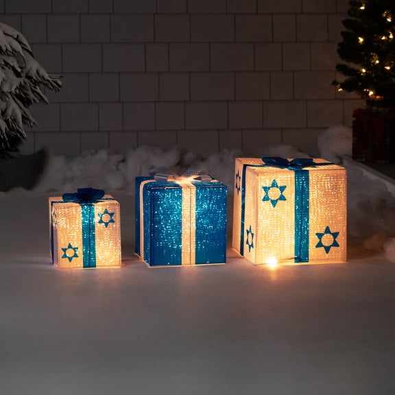 Northlight 3pc Shimmering Lighted Hanukkah Gift Box 12" - White/Blue