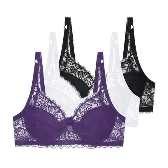 3pc Women's Comfortable Underwire Floral Lace Bralette, Lightly Lined Thin Breathable Everyday Bras Bras for Lady Front Closure Black 75C