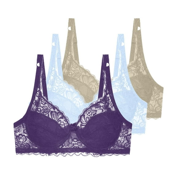 3pc Women's Comfortable Underwire Floral Lace Bralette, Lightly Lined Thin Breathable Everyday Bras Ladies Bras Comfortable Wireless Purple 75C