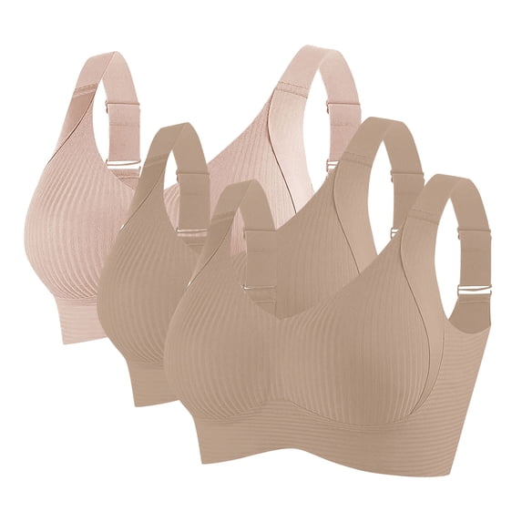 3pc Womens Wireless Bras No Underwire Push up Bra Seamless Ribbed Cozy Full Cover Adjustable Straps Everyday Sports Bra Lady Cute Bras Plus Size Beige XL