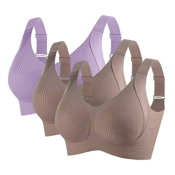 3pc Womens Wireless Bras No Underwire Push up Bra Seamless Ribbed Cozy Full Cover Adjustable Straps Everyday Sports Bra Training Bras for Lady Plus Size Coffee M