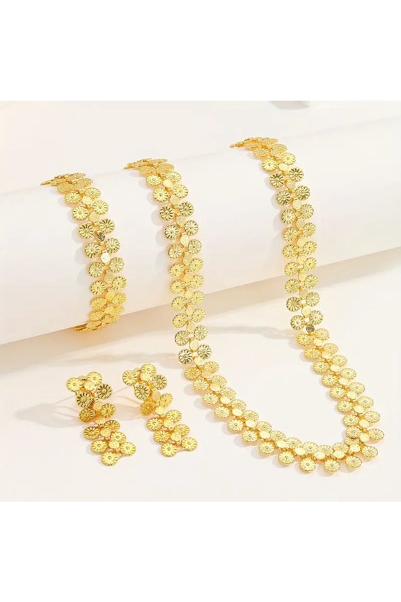 3pc pierced yellow gold circle necklace, bracelet and earring set