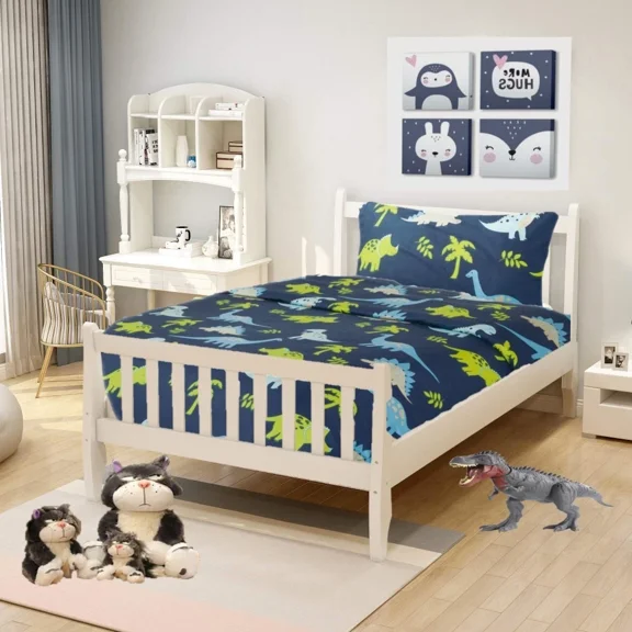 Gorgeous Home Linen 3pc Twin Sheet Set, Dinosaur Blue Multi-Color Pattern, Easy Wash Microfiber