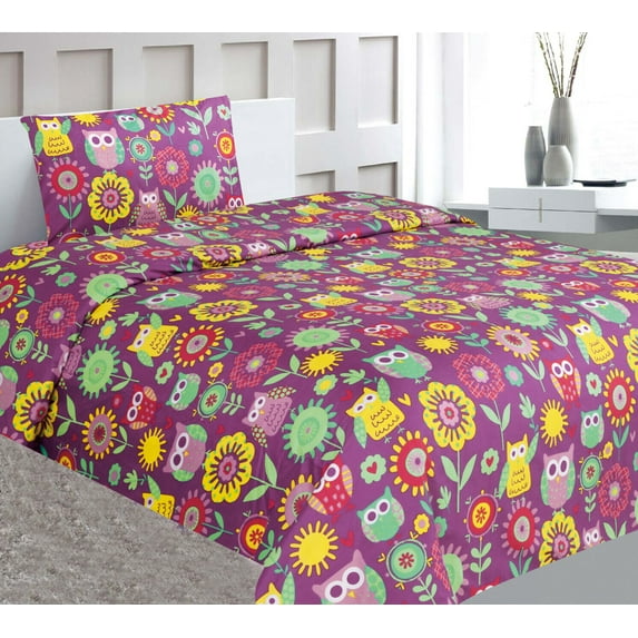 Owl Purple 3pc Multicolor Print Design, Bedding Twin Bed Sheet Set Flat & Fitted + Pillowcase Easy Care