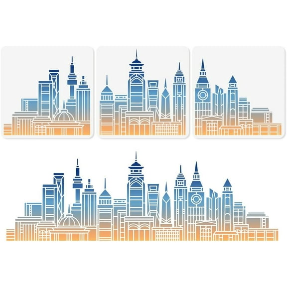 3pcs 11.8"x11.8" Skyline City Building Wall Stencil Templates Skyscraper Cityscape Reusable Plastic Stencil for Painting on Wood Floor Tile Fabric Glass Furniture Splicing DIY Home Decor Template