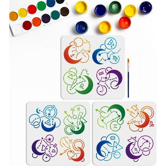 3pcs 12 Zodiac Signs Stencil 11.811.8inch 12 Constellations Symbols Stencils with Paint Brush Astrological Horoscope Drawing Template for Craft Furniture Fabric Wall DIY Making