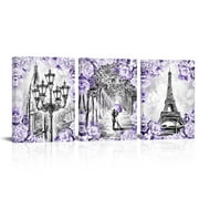 3pcs 12x16 inch Framed Vintage Canvas Wall Art Home Wall Decor Purple Landscape Paris Eiffel Tower for Bedroom Lovers Girls Paris Theme Modern Home Art Ready to Hang