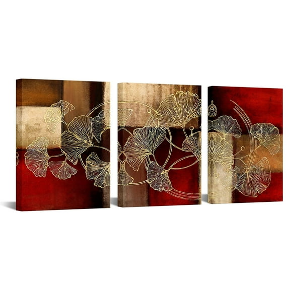Visual Art Decor 3-Piece 12x16 Inch Red and Gold Wall Art Minimalist Painting Geometric Abstract Ginkgo Biloba Leaf Framed Vintage Canvas Wall Art