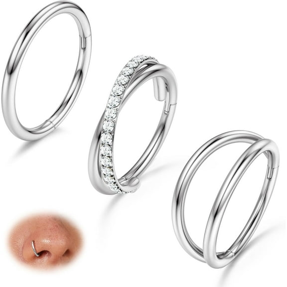3pcs 16G/18G/20G Nose Rings 316L Surgical Steel Triple/Double Hoop CZ Septum Cartilage Earring Helix Rook Tragus Conch Piercing Jewelry for Women Men 8 mm/10 mm