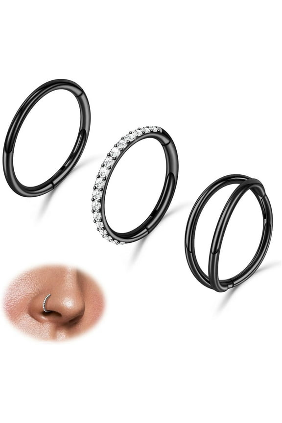 3pcs 16G Nose Rings Stainless Steel Hoops 4 Colors Choose Double Hoop Hinged CZ Piercing Jewelry Septum Clicker Rings Cartilage Earring Helix Rook Tragus Daith 6mm/8mm/10mm