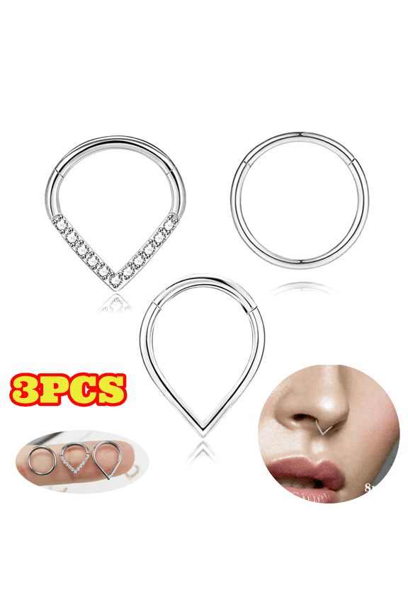3pcs 16G Septum Jewelry Teardrop Septum Ring, Silver 316L Stainless Steel Daith Conch Rook Tragus Cartilage Earring Body Piercing Jewelry for Women Men 8mm