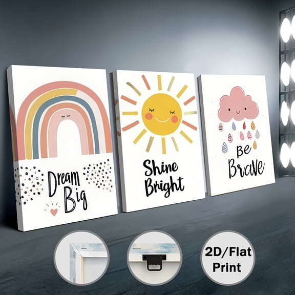 3pcs 2D Flat Print, Framed Canvas and Poster Ready-to-Hang Inspirational Bohemian Classroom Decor Sun Rainbow Rain Clouds Home Wall Art Room Decoration High-Definition Prints Ideal Gift