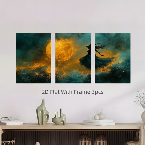 3pcs, [2D Flat Printing] with Frame, 16x24inch The Wicked Witch, Halloween Canvas, Canvas Print, Spooky Gothic Oil Painting, Witch Flying Through The Air Against A Full Moon, Witch Wall Art, 2D Flat