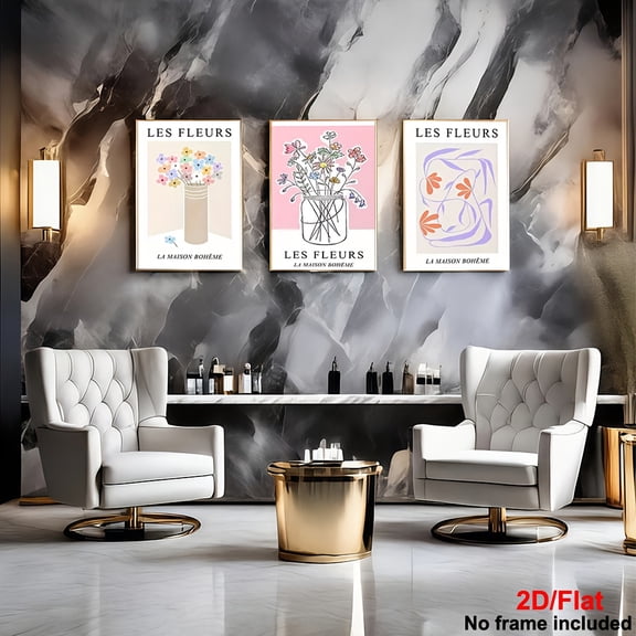 3pcs, 2D, Four Prints of Flowers in Vases, Poster Art Inspired by Louise Abbéma, Trending on Pinterest, Feminist Art, Stylized Flowers, Flower Pop Art, Bouquets, Canvas Wall Art, Home and Dormitory