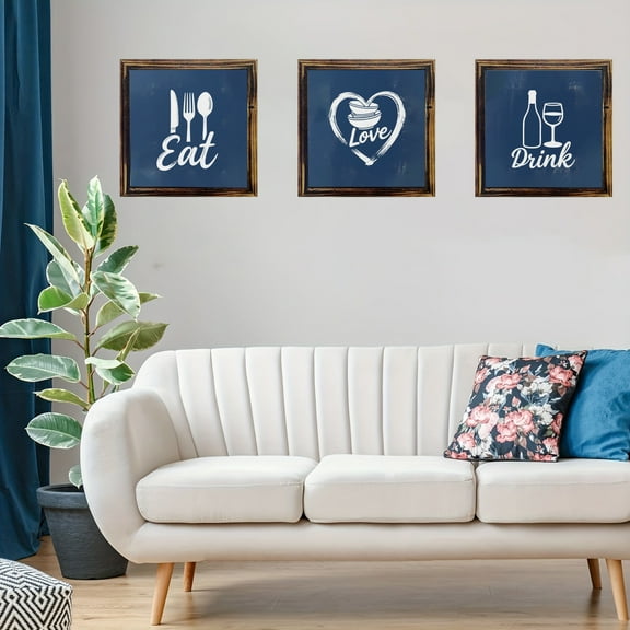 3pcs 2D Framed Wall Art | Warm Deep Blue Food Life Art, "Eat Love Drink" | Decorating Dining Room Atmosphere, Suitable for Home, Bedroom, Office Decor