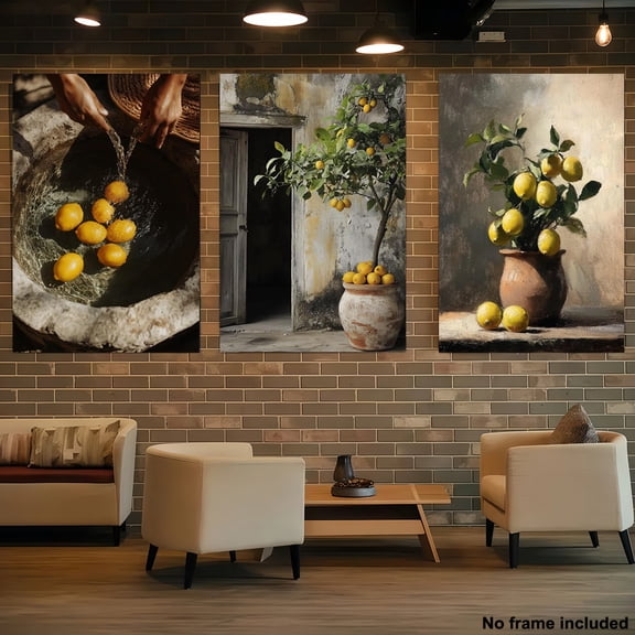 3pcs, 2D Frameless Canvas Art, Lemon Tree Prints Set of Two, Lemon Tree Wall Decor, Citrus Plant Art, Minimalist Kitchen Art, 2D Flat, Perfect for Room Decor