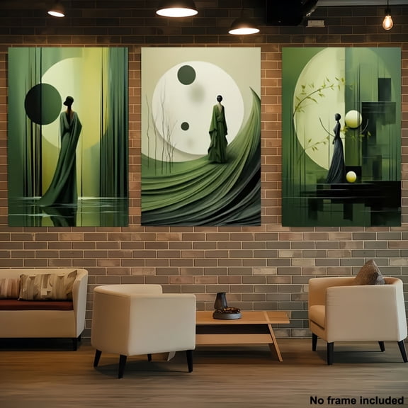 3pcs, 2D Frameless Canvas Art Set of 3 Abstract Olive Green Triptych Prints, Modern Story Wall Decor - Dreamy and Creative Design for Home, Office, or Dining Room Walls, Canvas Wall Art, 2D Flat, Pe