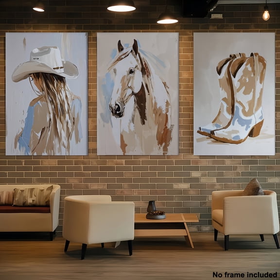 3pcs, 2D Frameless Canvas Art, Set of 3 Coastal Cowgirl Wall Decor, Neutral Western Country Aesthetic Art, Wild Beauty in Cowboy Boots, Perfect Holiday Gift, 2D Flat, Perfect for Room Decor